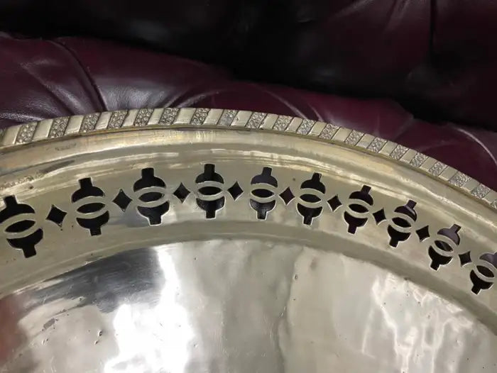 Chinese Export Brass Charger with Fretwork Border and Etched Decoration, Signed