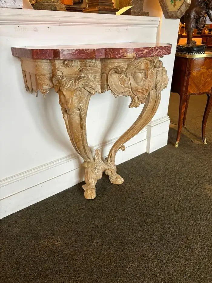 18th Century Italian Carved Rams Head Console Table With Scagliola Top