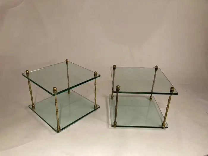 Pair of Italian Mid Century Modern Faux Bamboo Glass and Brass Side Tables