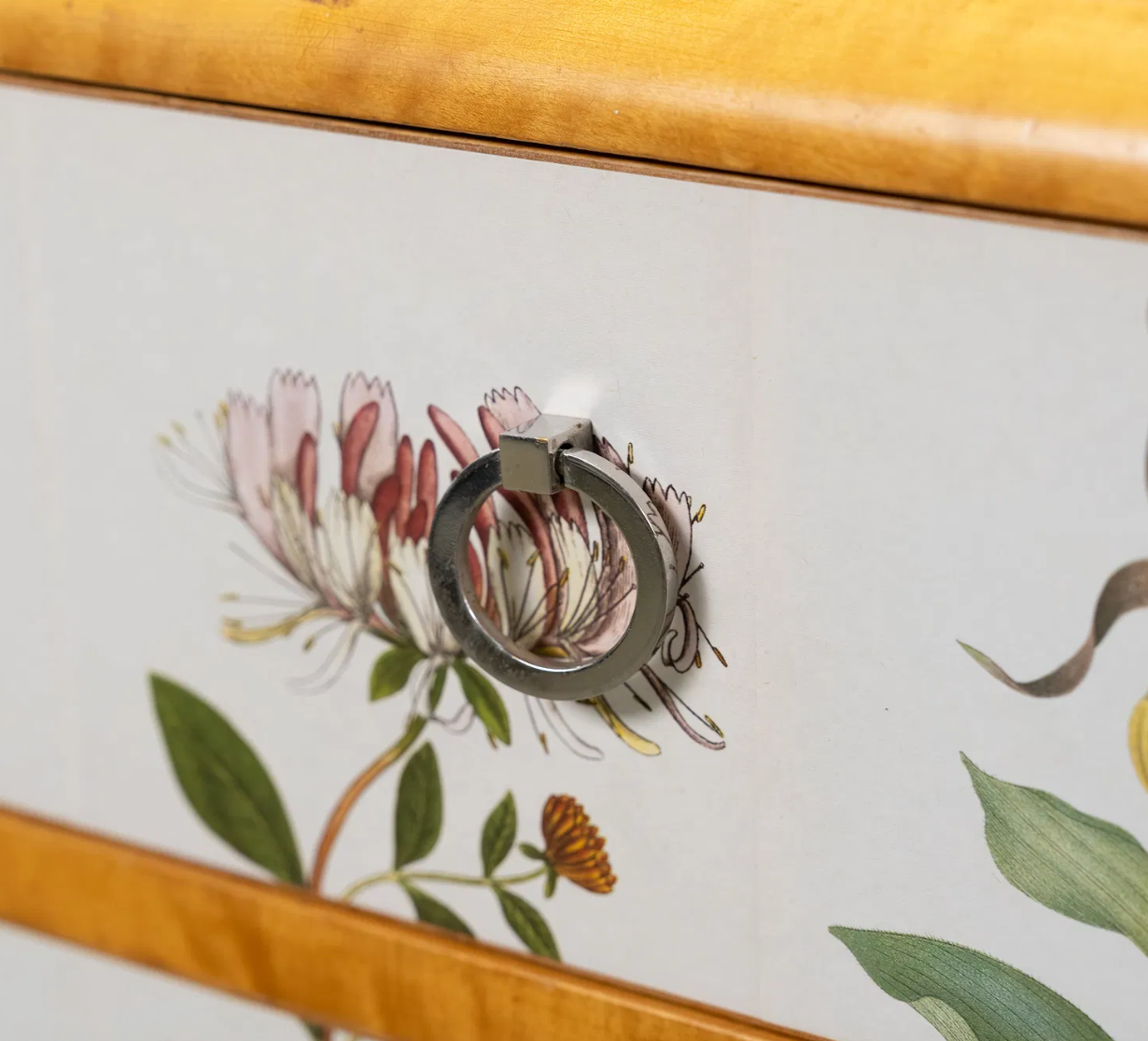 Swedish Chest with Botanical Lithograph Decorated Drawers in The Manner of Josef Frank