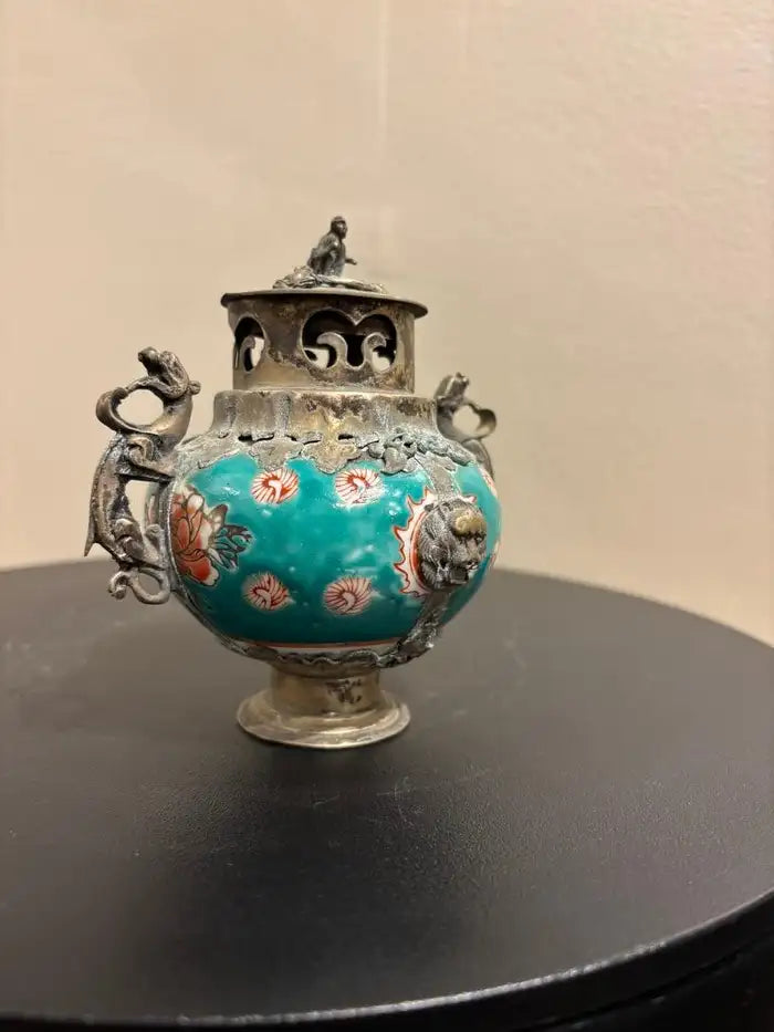 Chinese Qing Glazed Ceramic with Metal Mounts, Monkey, Frogs, Phoenix, Dragons