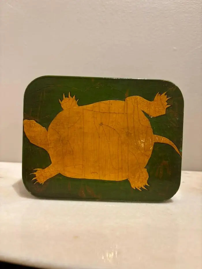 Green and Gold Lacquer Decoupage Turtle Box With Faux Tortoise Shell Interior