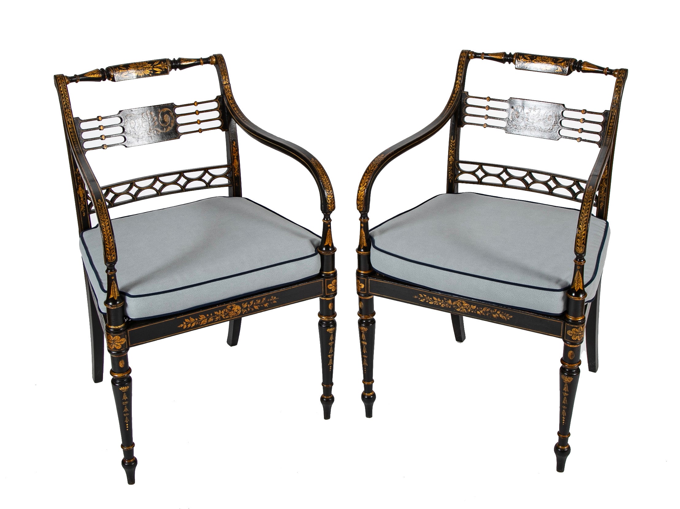 Pair of Regency Ebonized Caned Seat Armchairs