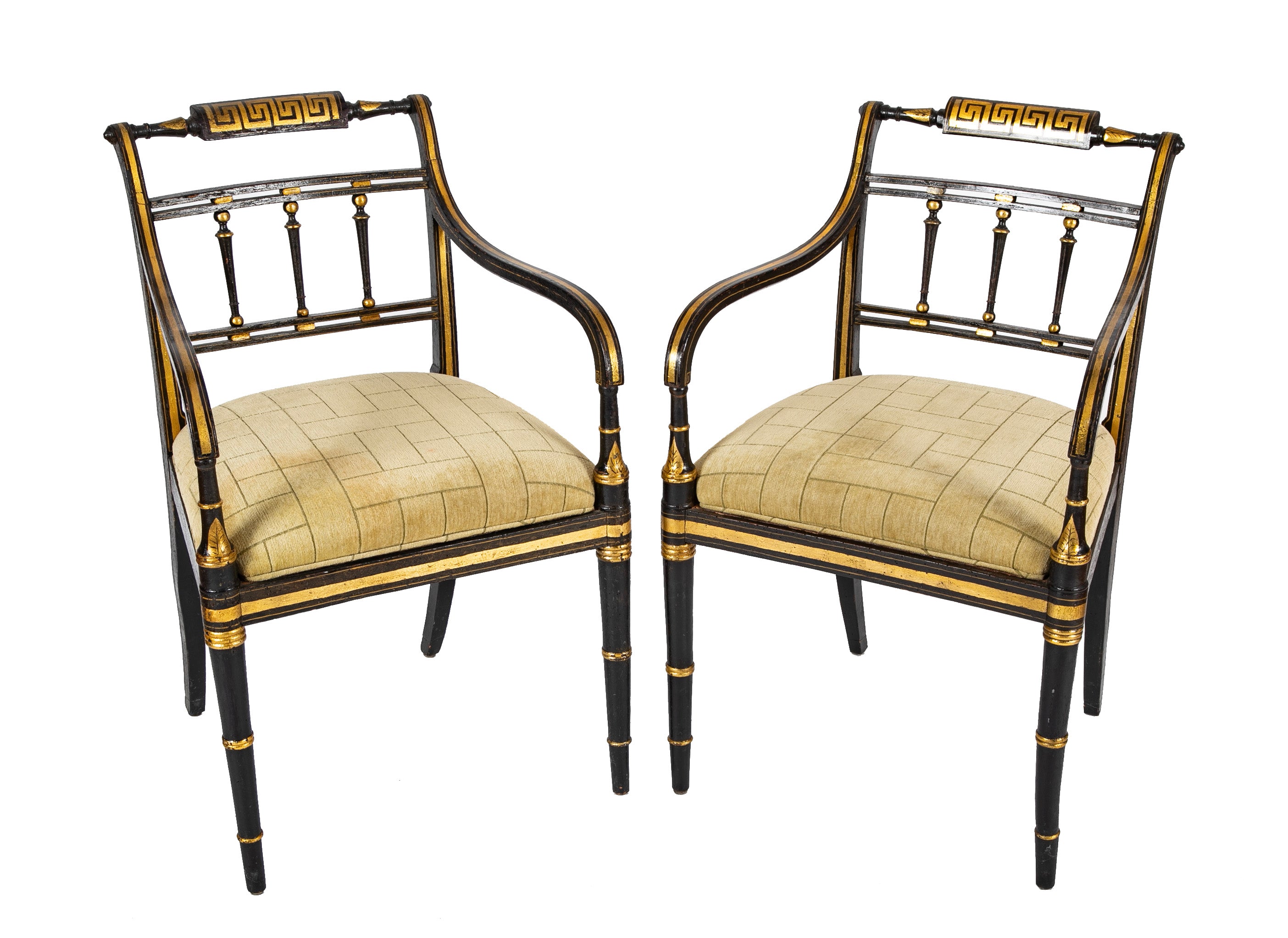 Pair of Unique Regency Greek Key & Gilt Stenciled Armchairs