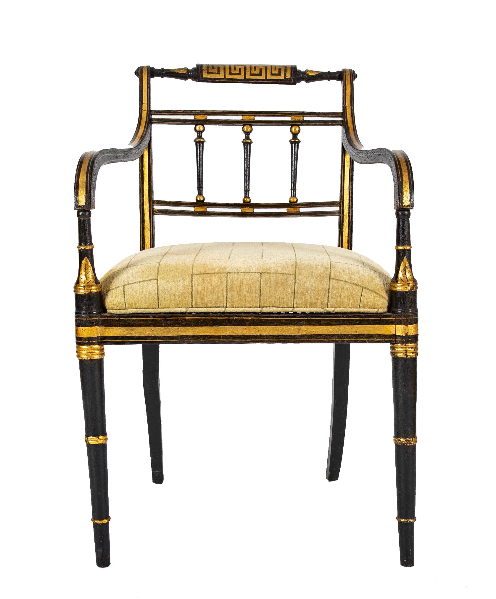 Pair of Unique Regency Greek Key & Gilt Stenciled Armchairs