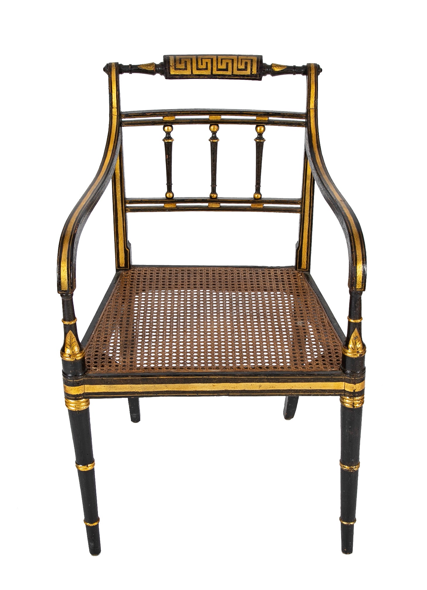 Pair of Unique Regency Greek Key & Gilt Stenciled Armchairs