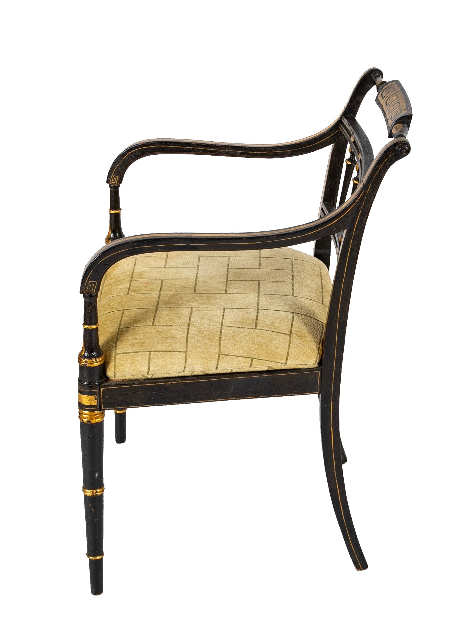Pair of Unique Regency Greek Key & Gilt Stenciled Armchairs