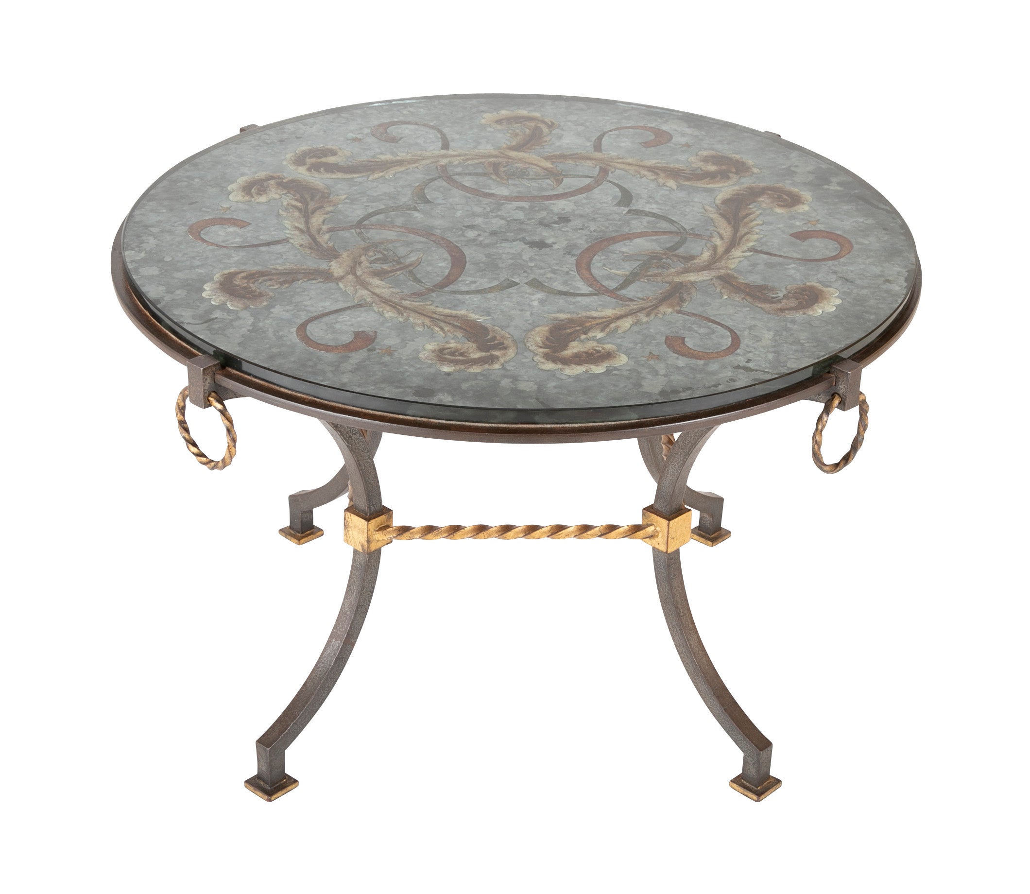 Round Wrought Iron & Églomisé Coffee Table Attributed to Maison Jansen