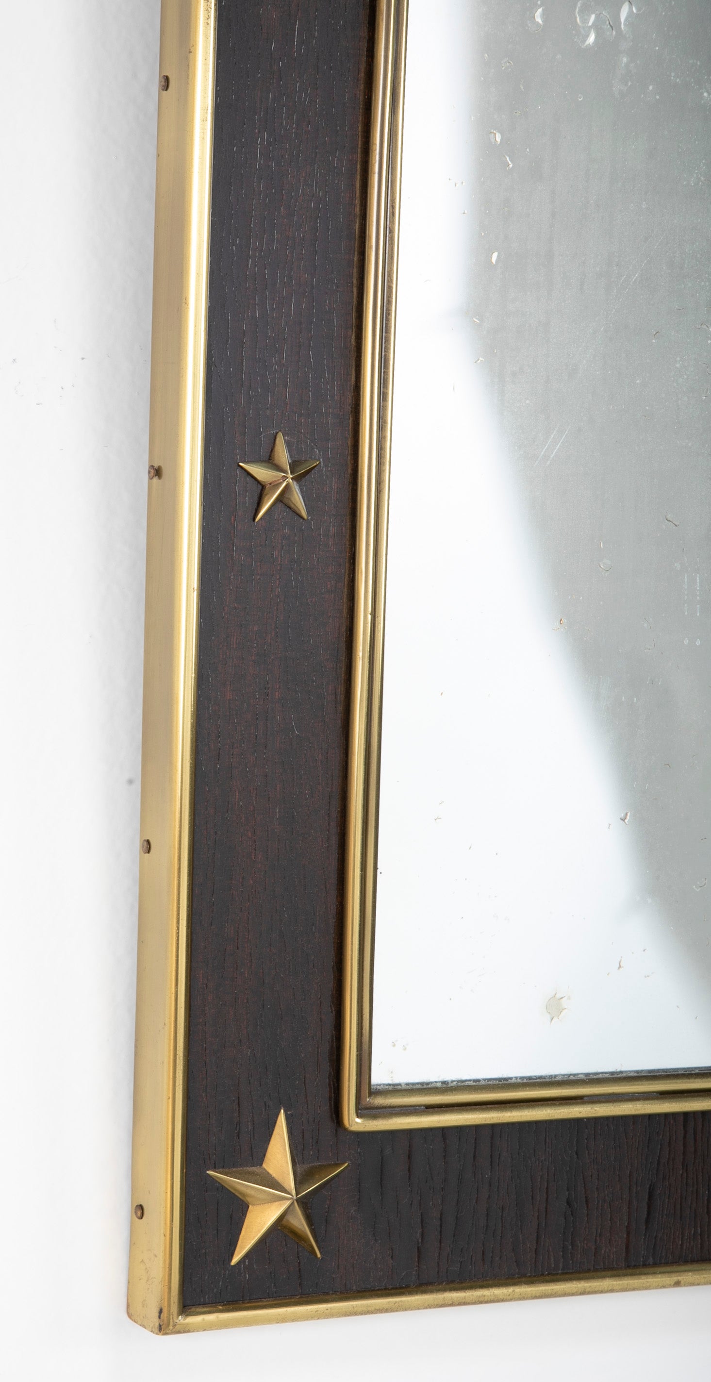 Jacques Adnet Wood and Brass Mirror with Brass Stars