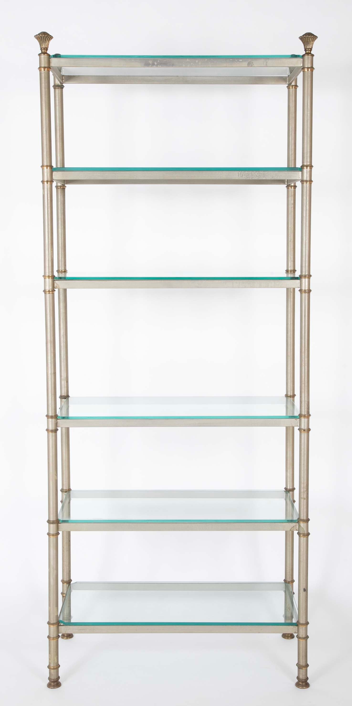 Pair of Gilt Metal Etageres with Pineapple Finials & Glass Shelves