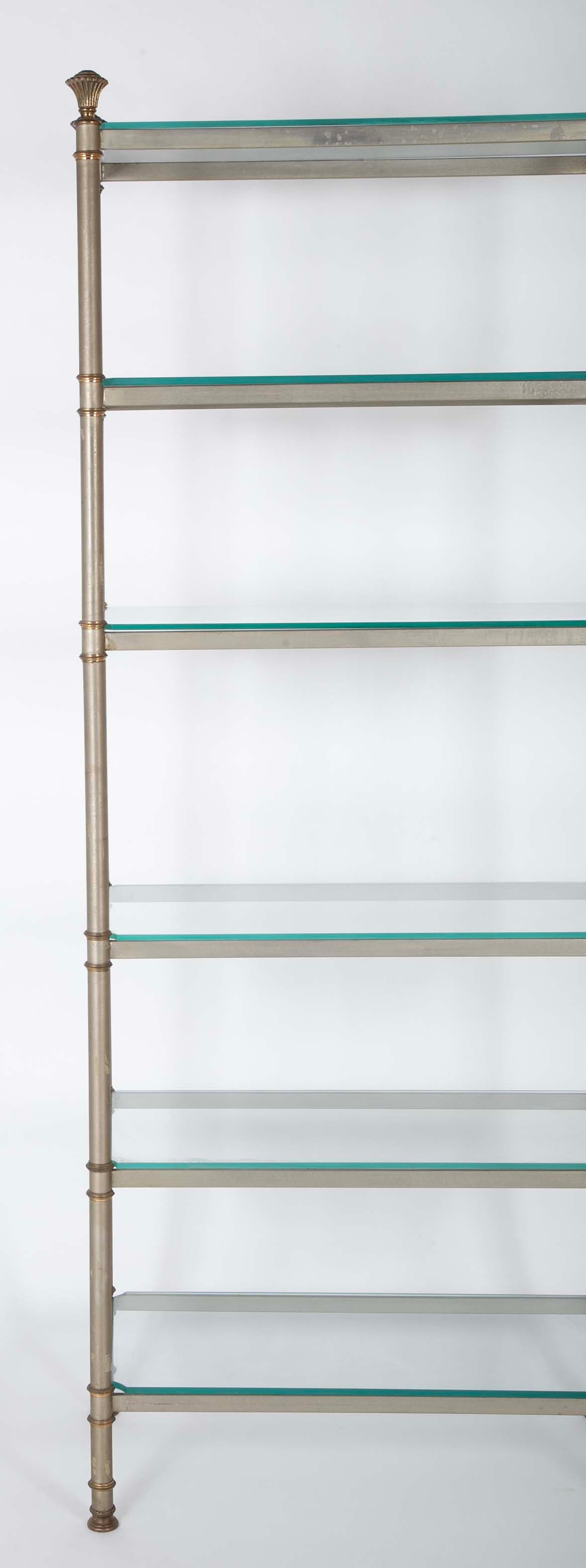 Pair of Gilt Metal Etageres with Pineapple Finials & Glass Shelves