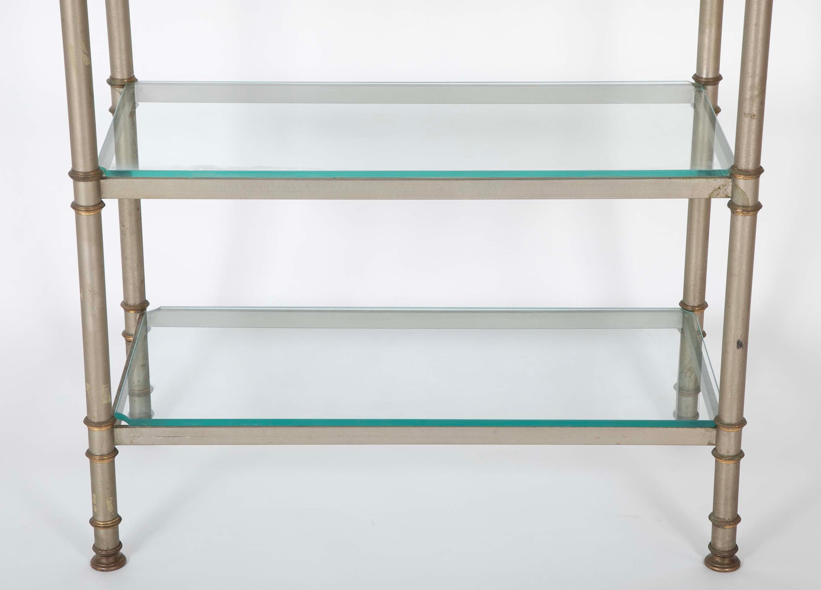 Pair of Gilt Metal Etageres with Pineapple Finials & Glass Shelves