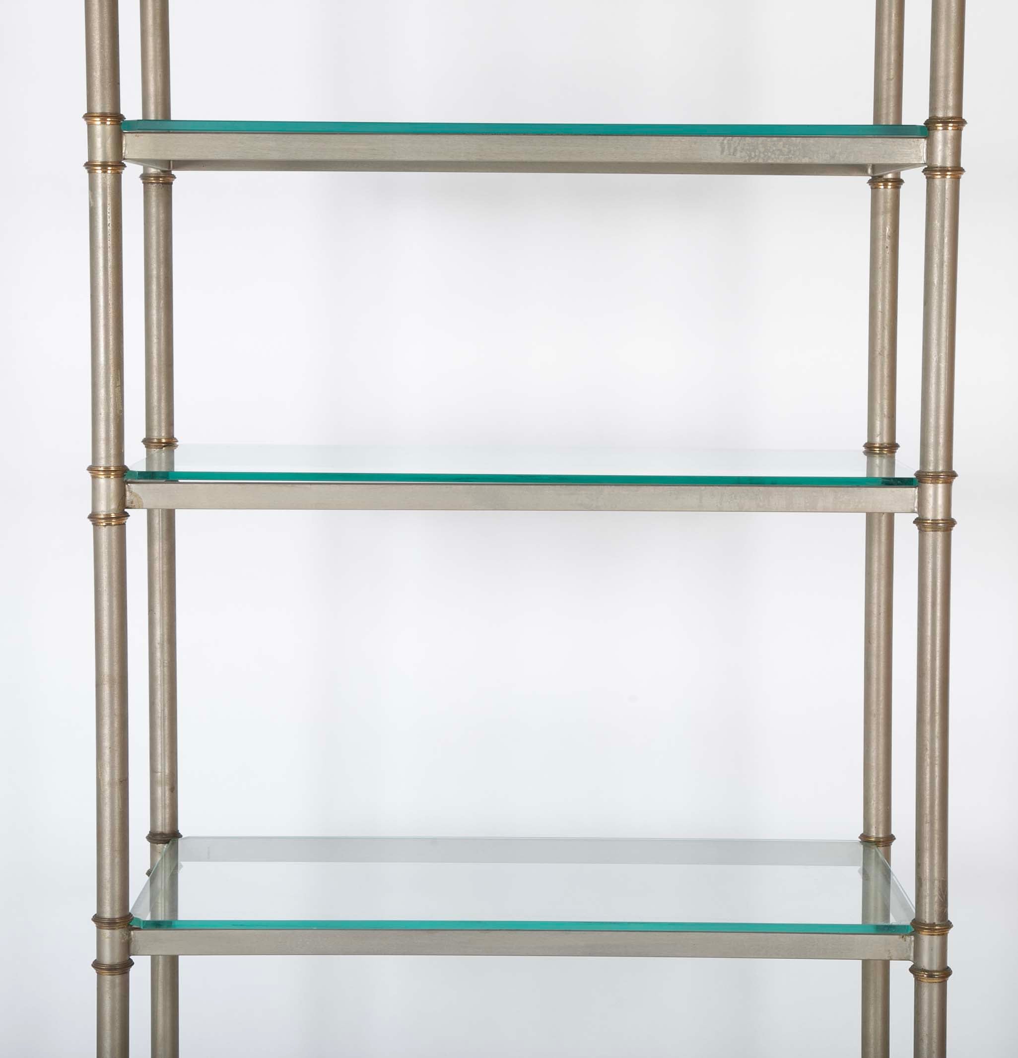 Pair of Gilt Metal Etageres with Pineapple Finials & Glass Shelves