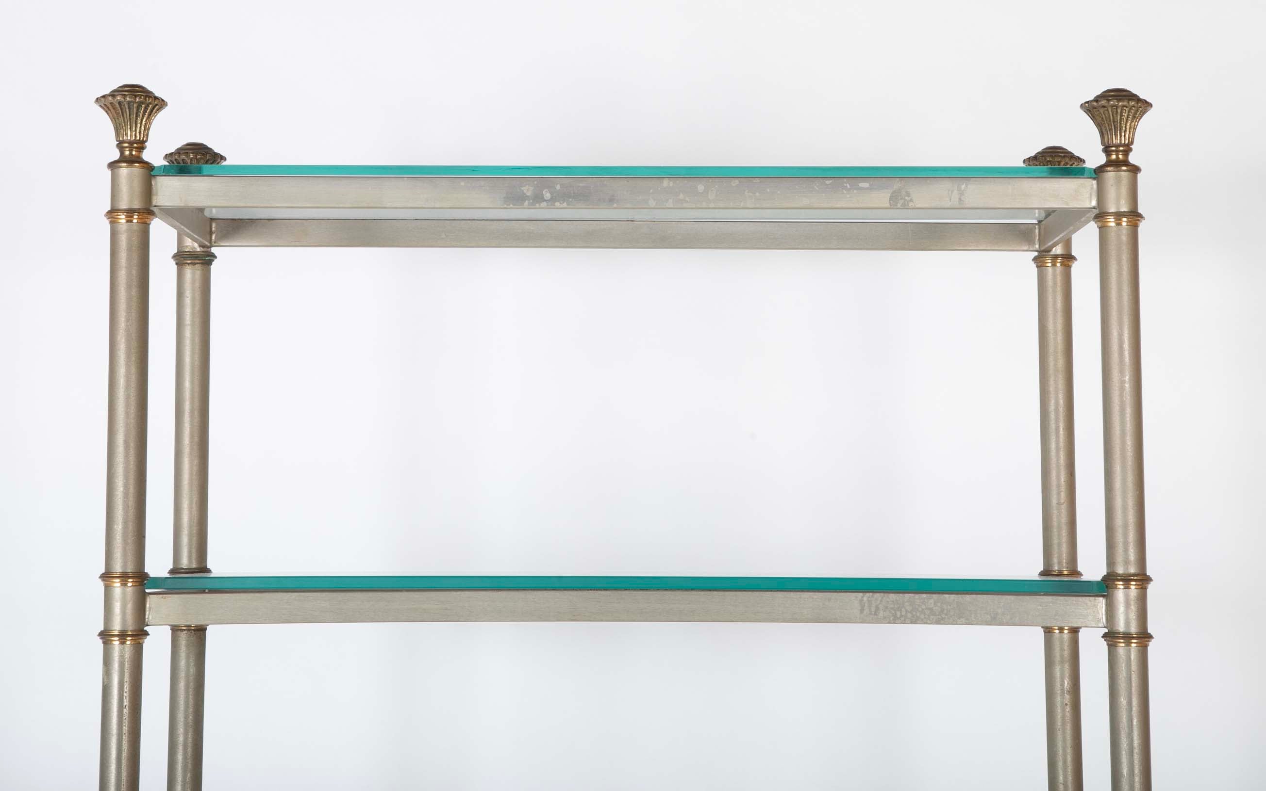 Pair of Gilt Metal Etageres with Pineapple Finials & Glass Shelves
