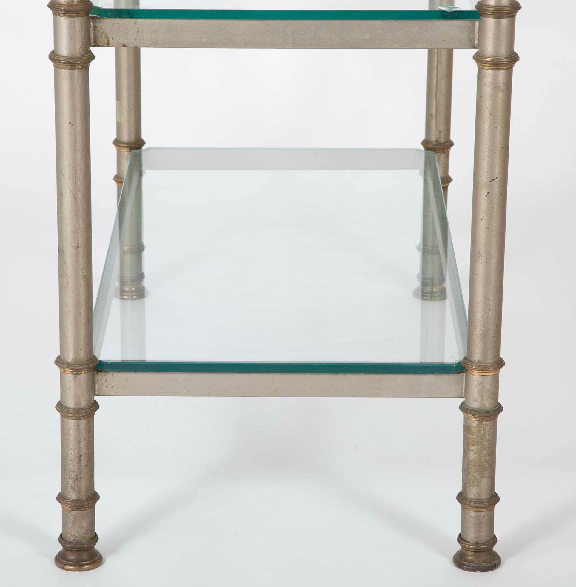 Pair of Gilt Metal Etageres with Pineapple Finials & Glass Shelves