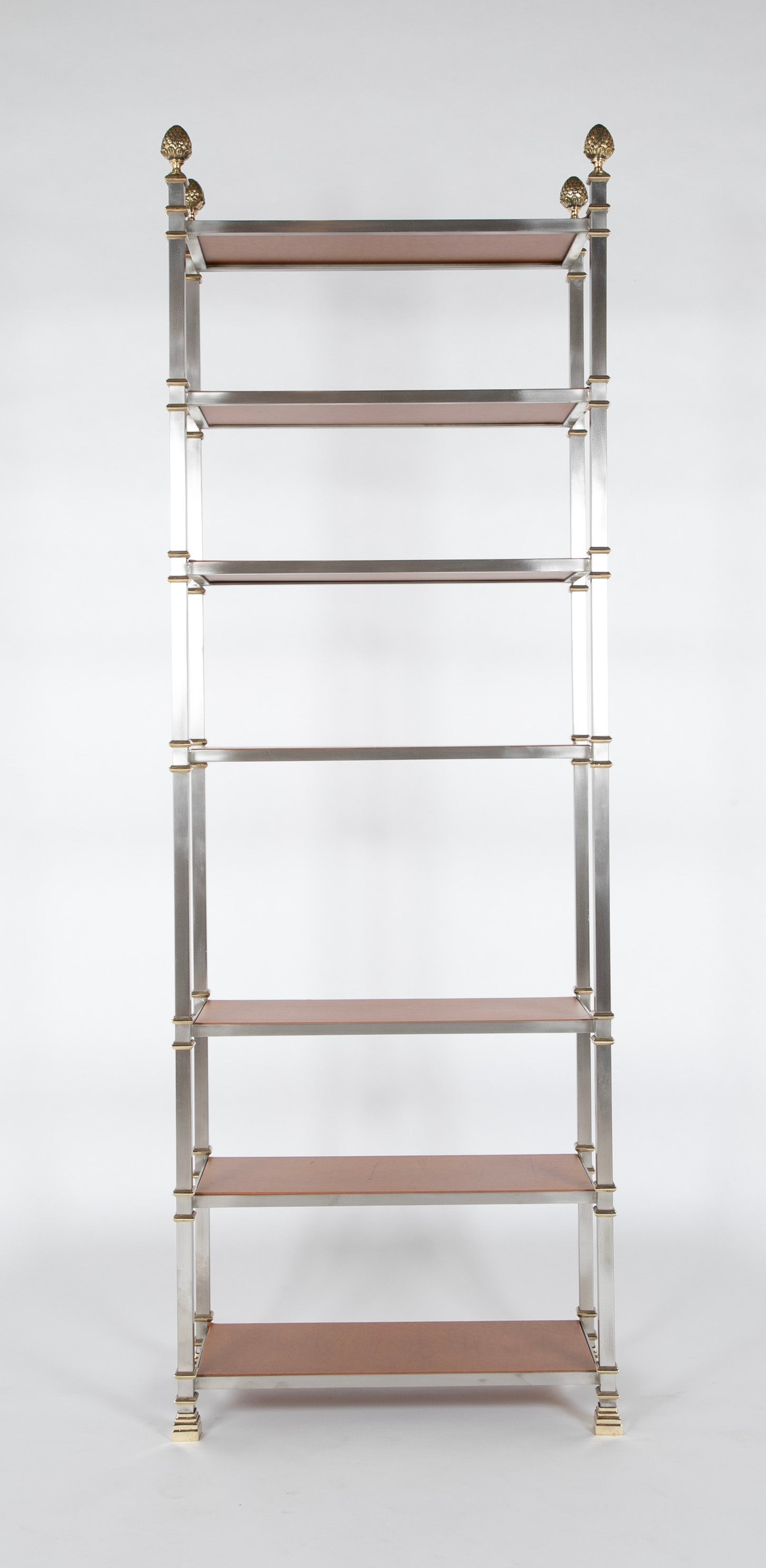 Seven Tier Gilt Metal & Metal Etagere with Leather Shelves - Priced Individually