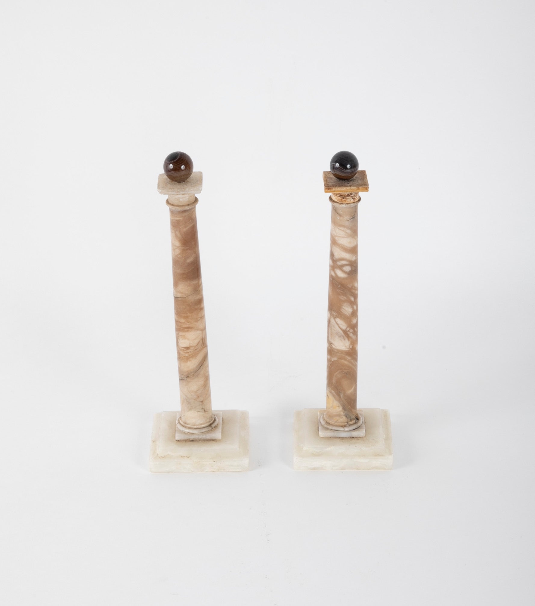 Pair of Grand Tour Marble Columns with Agate Finials