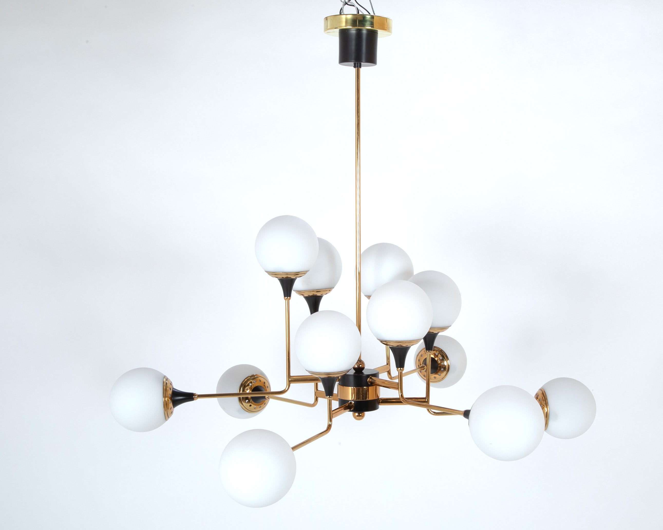 Stilnovo Attributed Brass & Glass Chandelier