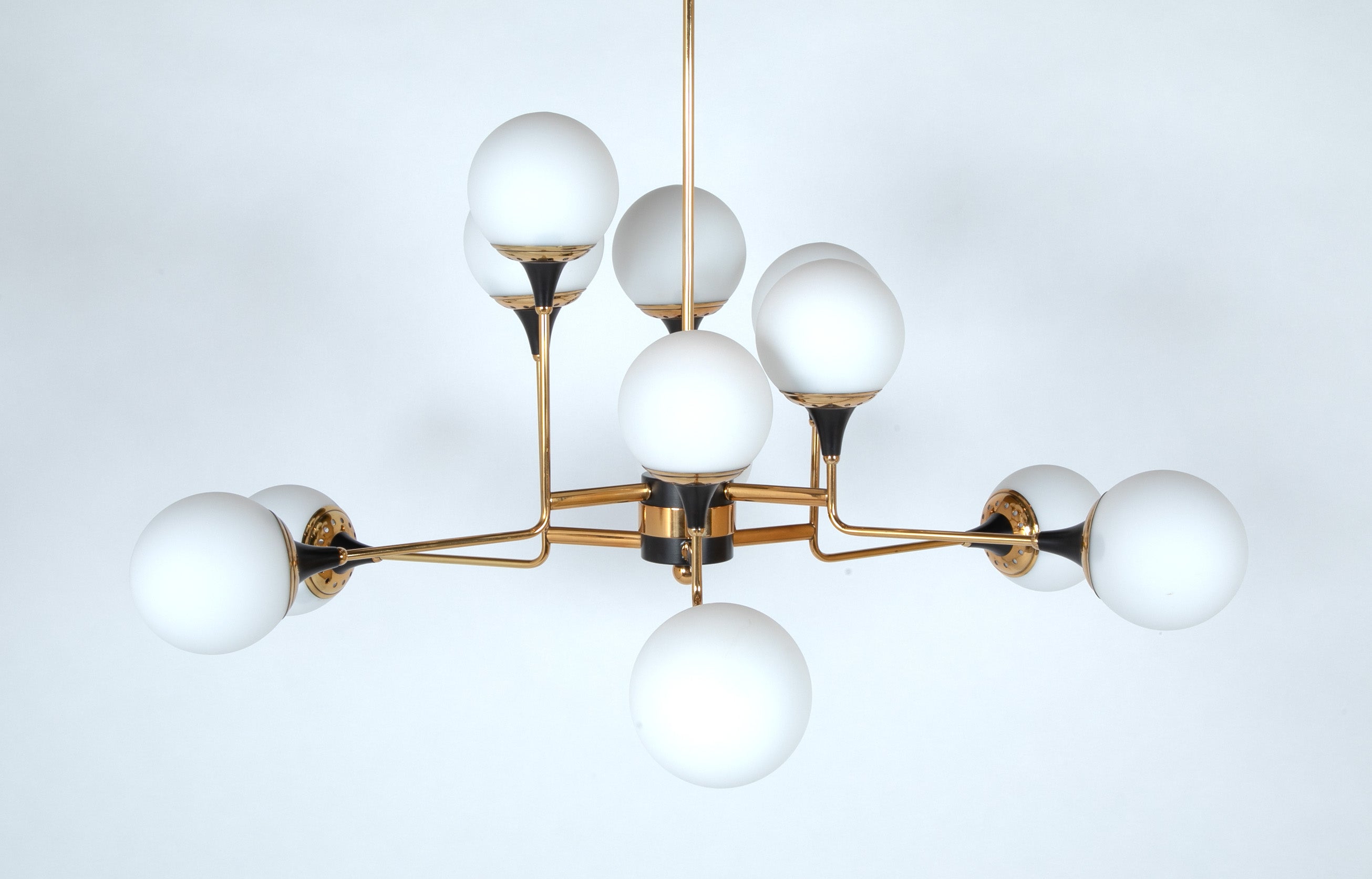Stilnovo Attributed Brass & Glass Chandelier