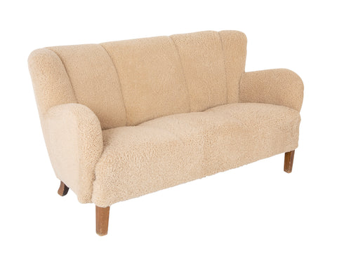 Danish Three Seat Sofa with Stained Beech Frame & Lambswool Upholstery