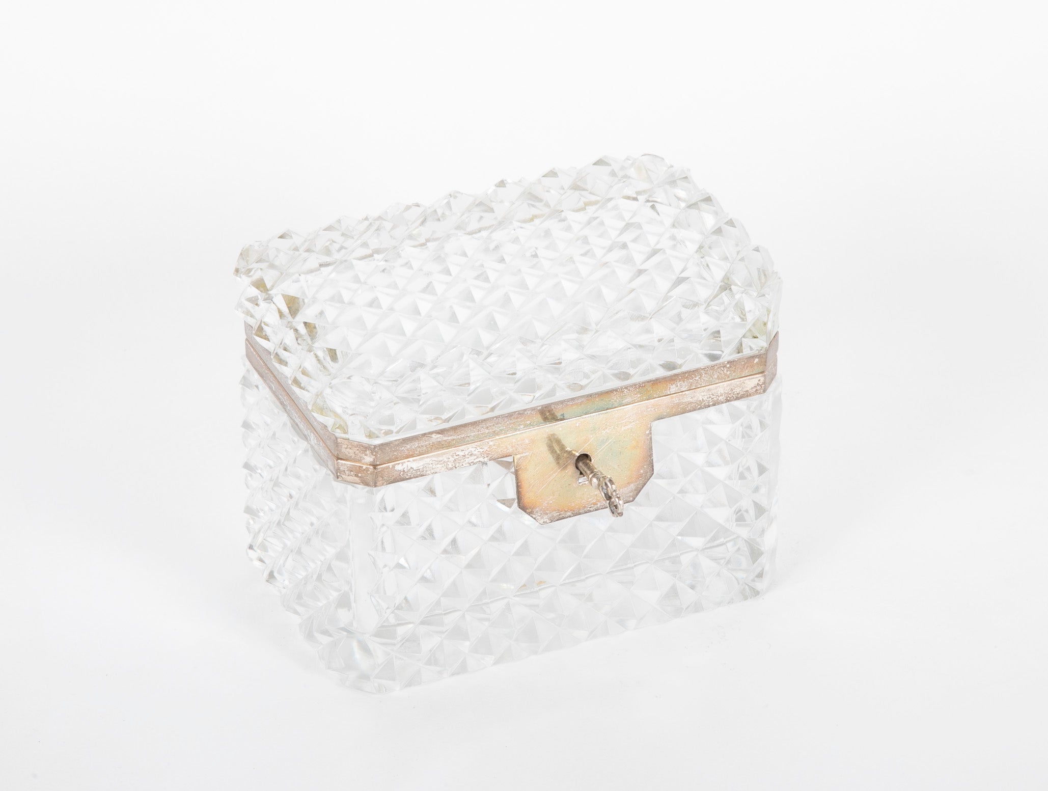 A Cut Crystal Box with Silvered Bronze Mounts and Key