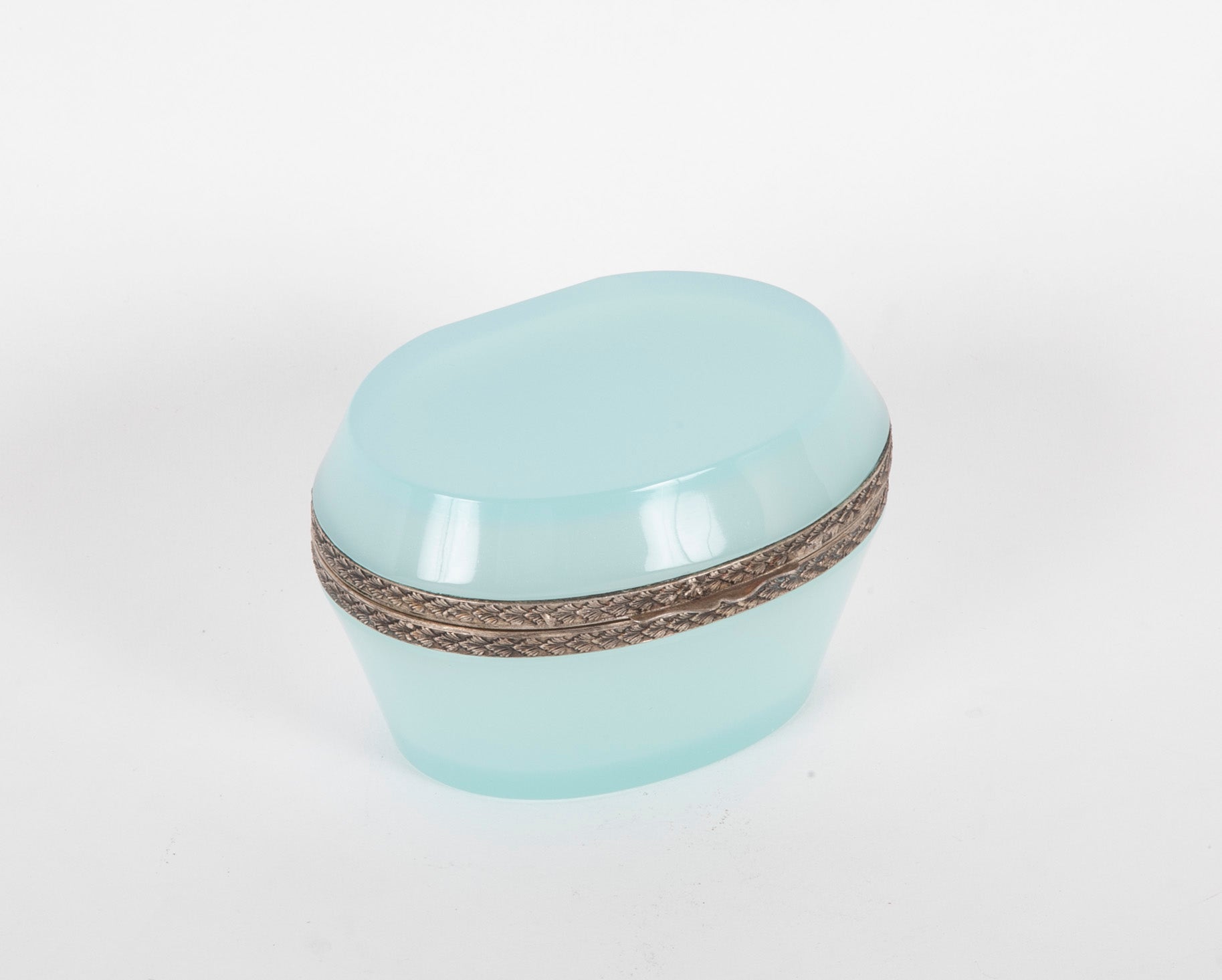 A Seafoam Blue French Opaline Box of Oval shape