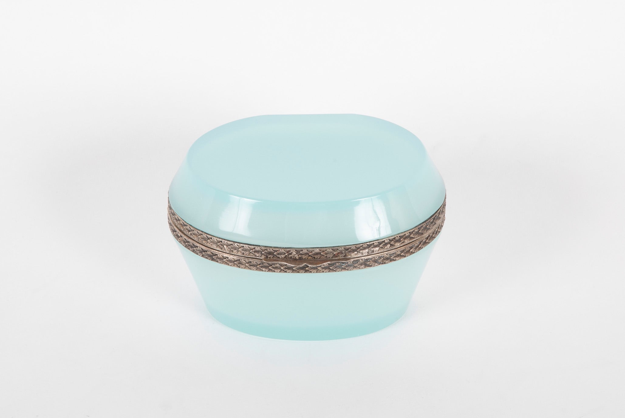 A Seafoam Blue French Opaline Box of Oval shape