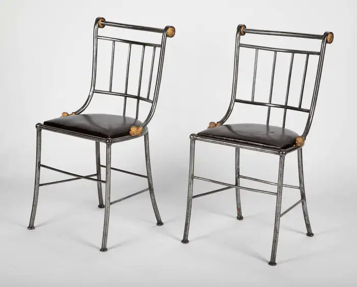 Set of Four French Steel and Gilt Metal Hall Chairs