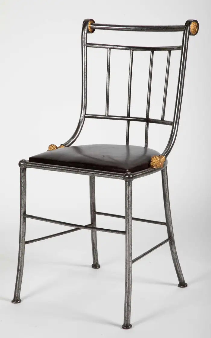 Set of Four French Steel and Gilt Metal Hall Chairs