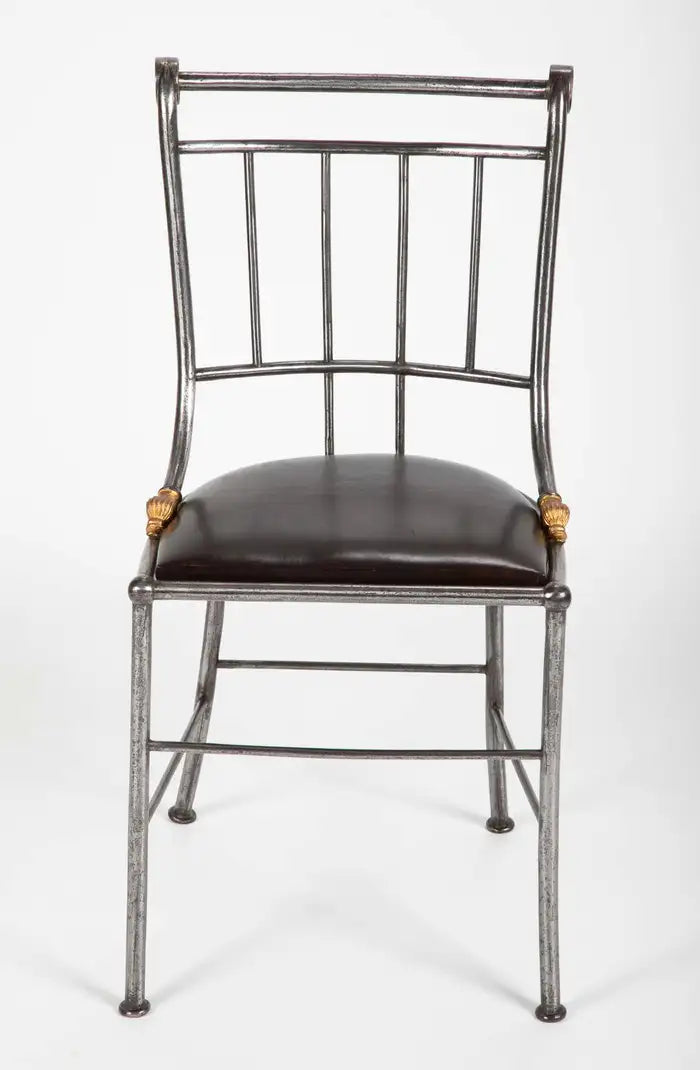 Set of Four French Steel and Gilt Metal Hall Chairs