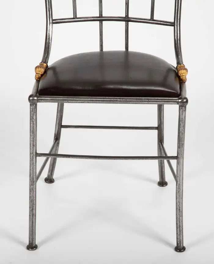 Set of Four French Steel and Gilt Metal Hall Chairs
