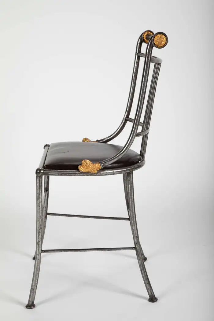 Set of Four French Steel and Gilt Metal Hall Chairs