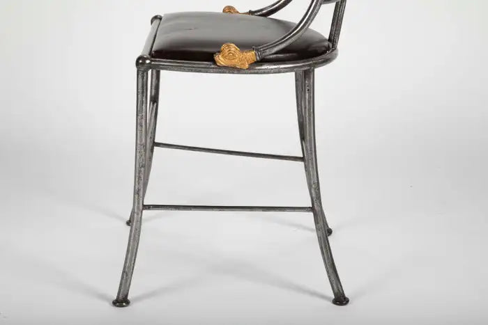 Set of Four French Steel and Gilt Metal Hall Chairs