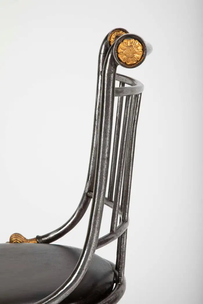 Set of Four French Steel and Gilt Metal Hall Chairs
