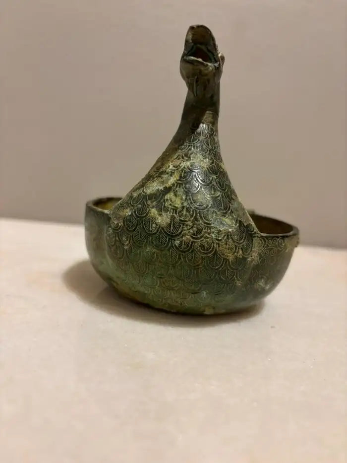 Chinese Archaistic Duck Form Dish with Incised Decoration Verdigis Patina
