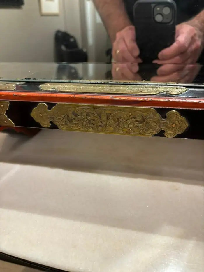 19th Century Japanese Red & Black Lacquer Table Mirror with Gilt Brass Mounts