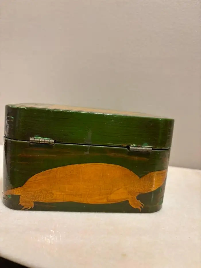 Green and Gold Lacquer Decoupage Turtle Box With Faux Tortoise Shell Interior