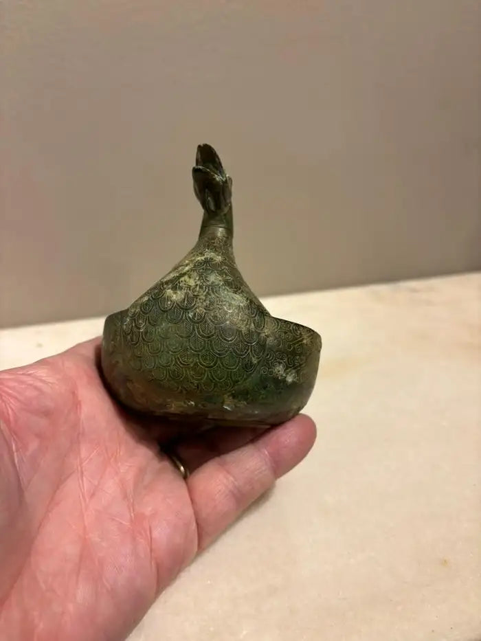 Chinese Archaistic Duck Form Dish with Incised Decoration Verdigis Patina
