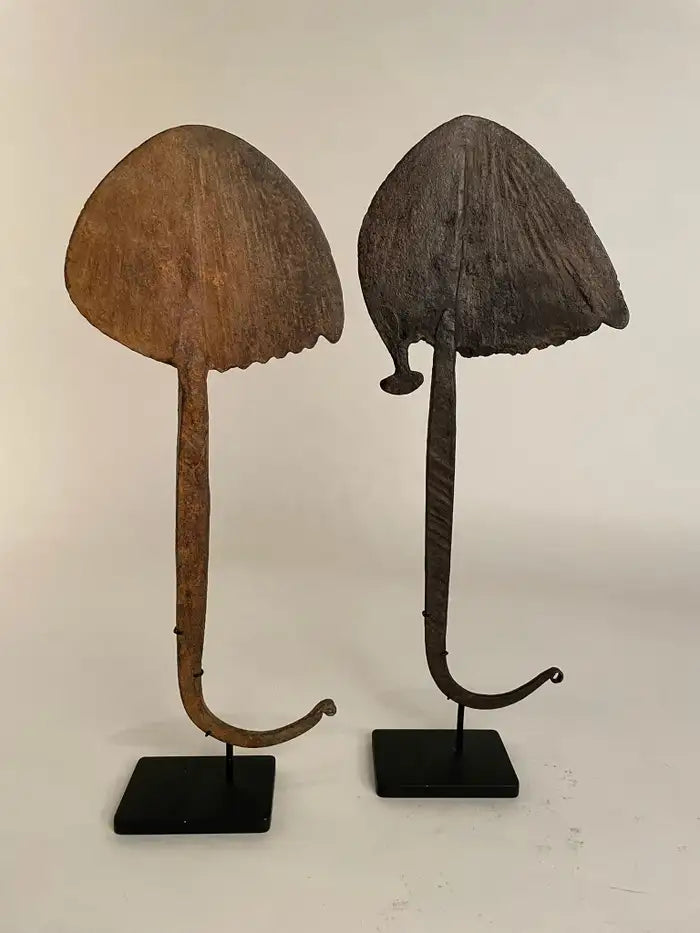 Pair of African Iron Bandaka Hoe Currency, Mounted on Custom Steel Bases