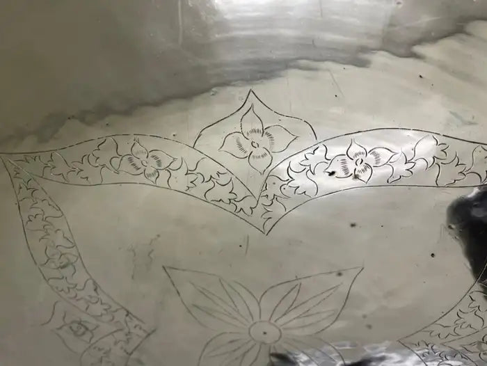 Chinese Export Brass Charger with Fretwork Border and Etched Decoration, Signed