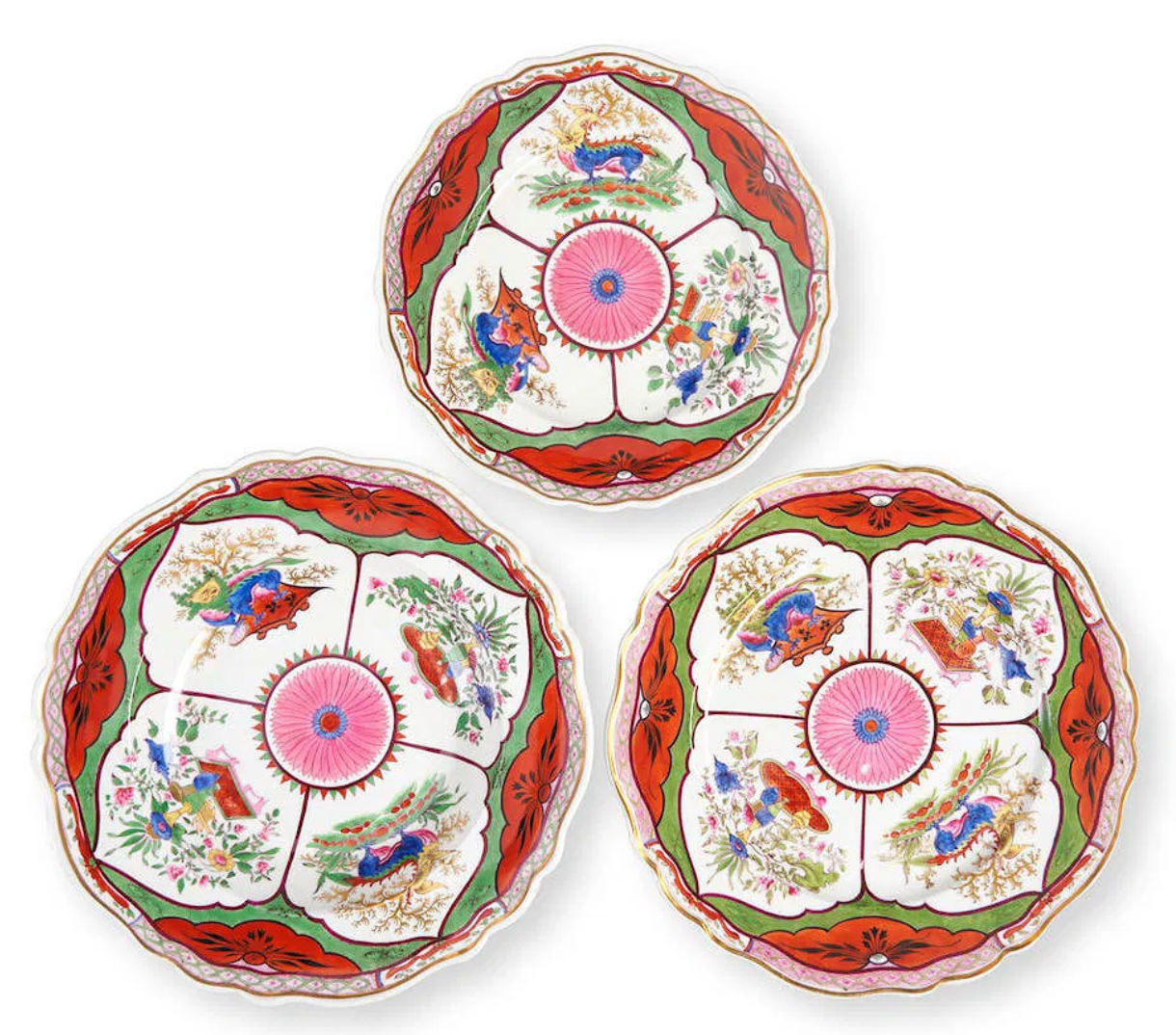 A Large Set of 36 Matching Worcester Diner and Luncheon Plates in the Dragons in Compartments Pattern