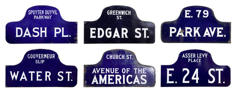 Six NYC, New York Porcelain over Metal Enamel Street Signs  Also Priced Individually