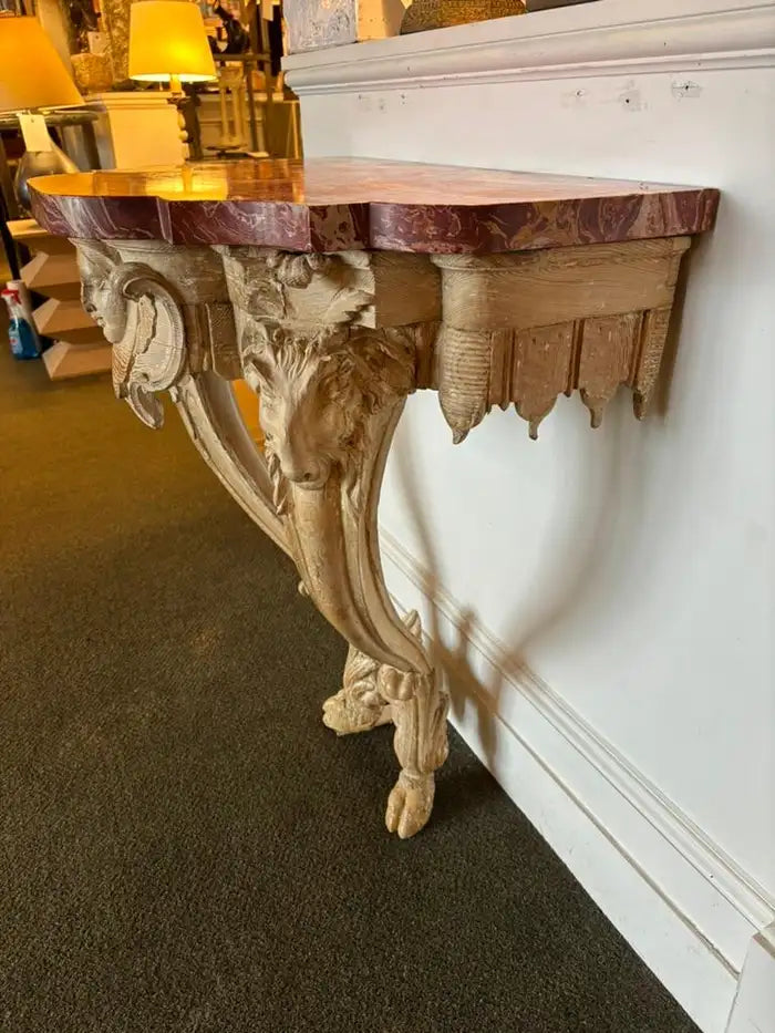 18th Century Italian Carved Rams Head Console Table With Scagliola Top