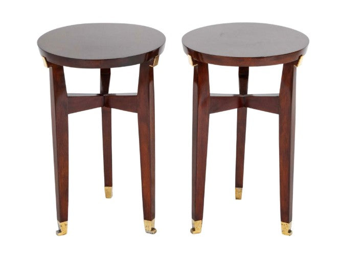 Pair of Round Mahogany Side Tables Attributed to Jacques Quinet