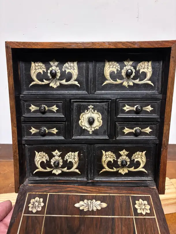 17th Century Dutch Baroque Rosewood Chest with Etched Bone Inlay