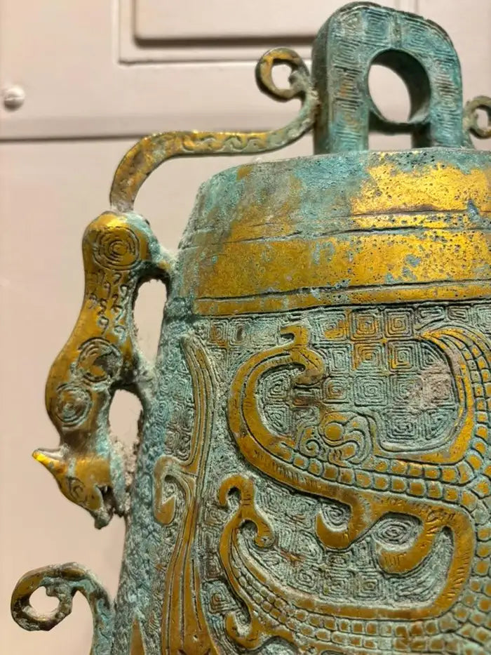 Archaistic Zhou Dynasty Style Gilt Bronze Bell with Verdigris Patina