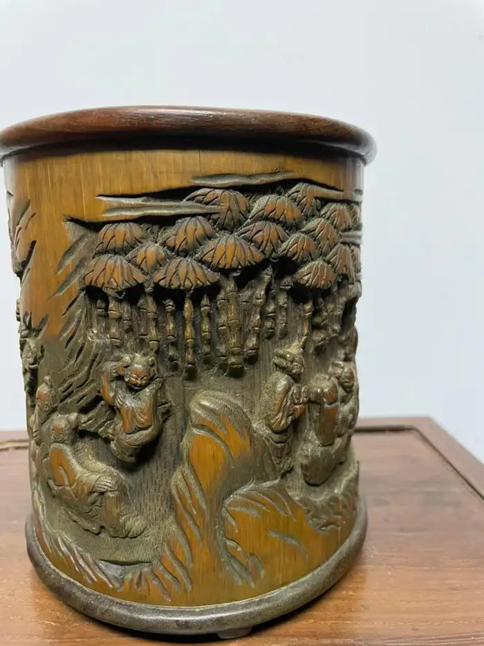 Chinese Bamboo Calligraphy Brush Holder Carved with Scholars in a Garden