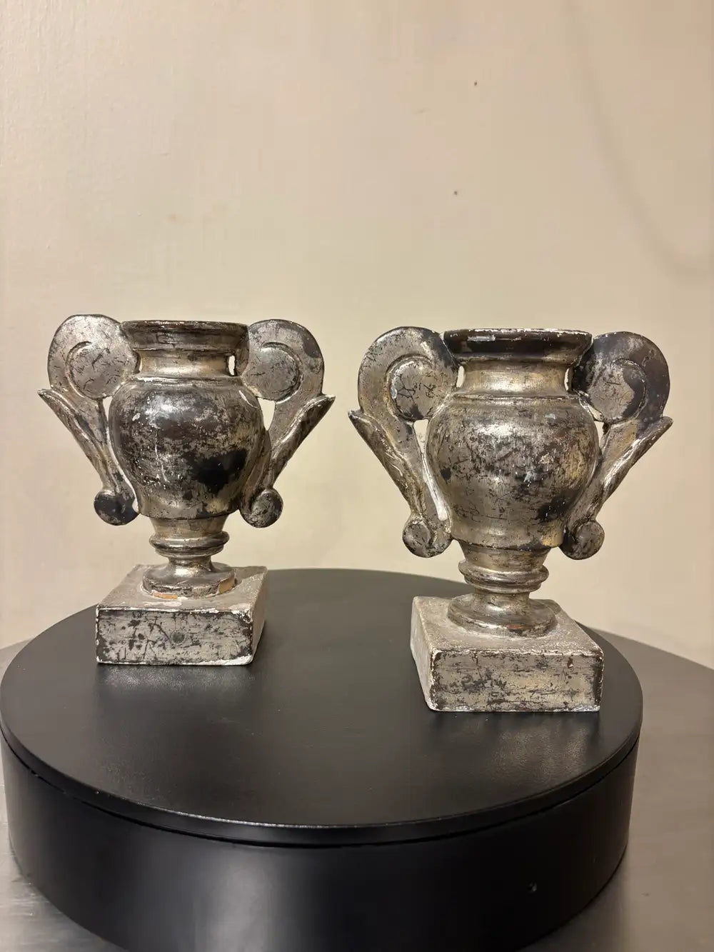 Pair 18th Italian Century Carved Silver Gilt Two Handled Urns