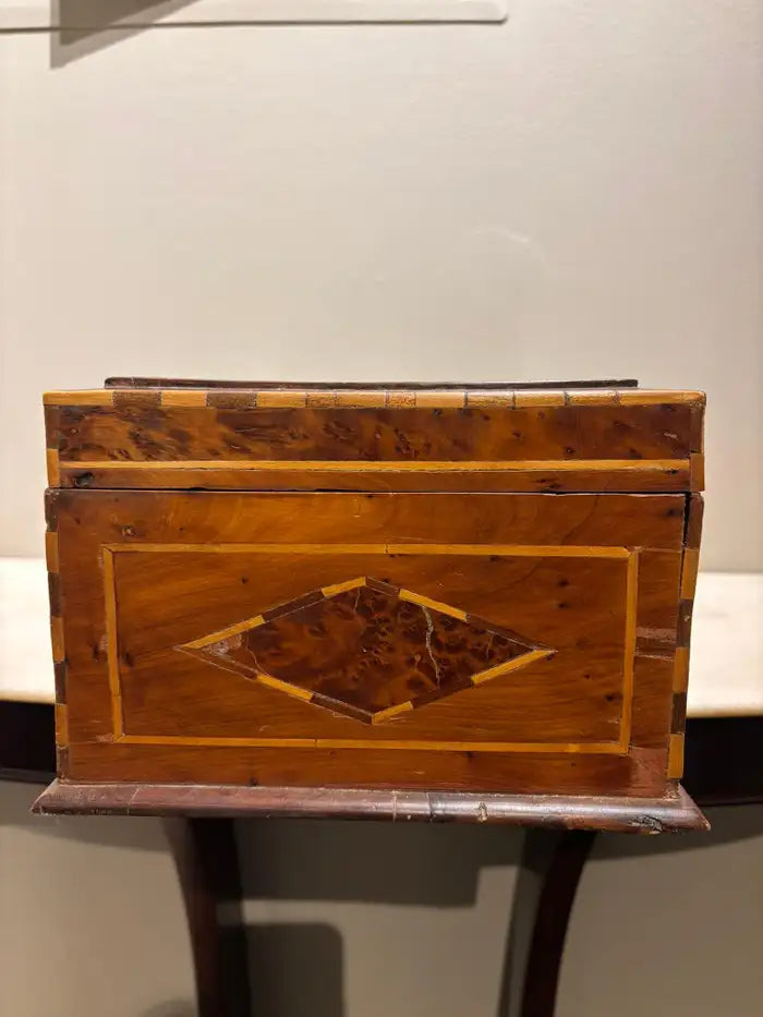 19th Century Burl Wood Box With Fruit Wood and Mother of Pearl Inlay