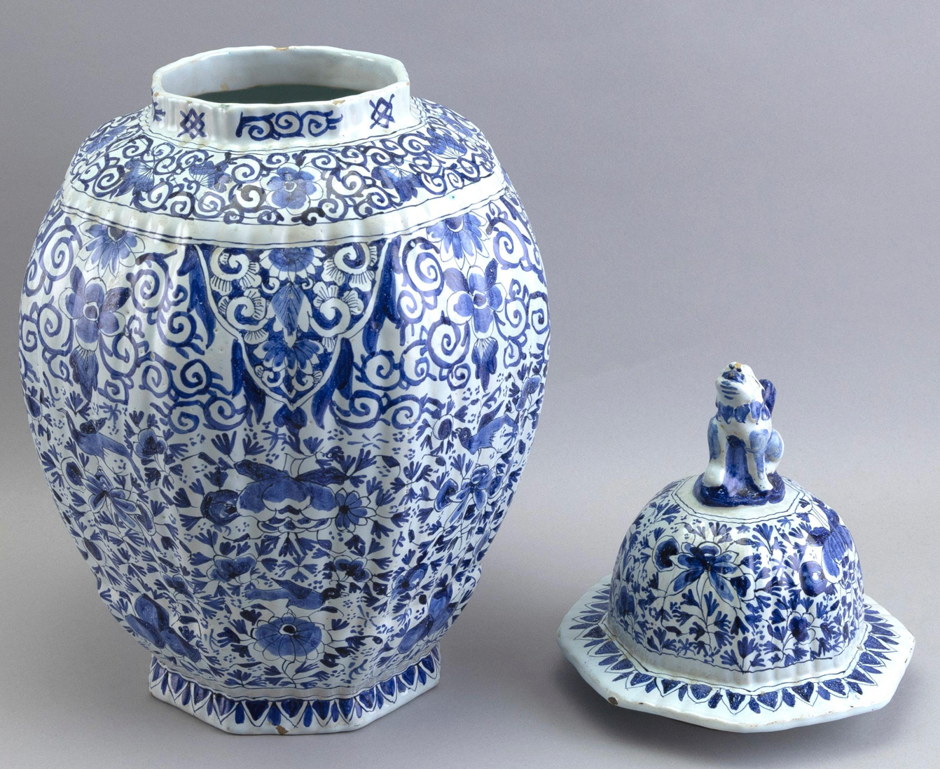 Dutch Delft Blue and White Lidded Jar with Lion Finial